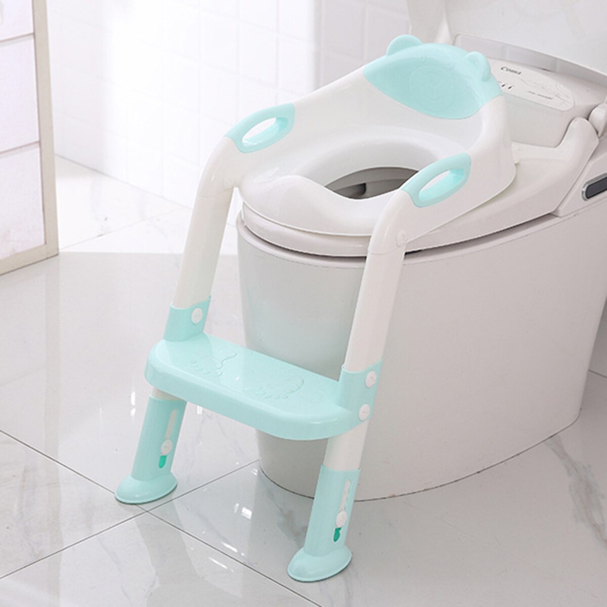 Asiento de entrenamiento con relleno suave para niños, orinal de escalera plegable con escalón para inodoros en forma de U O V
