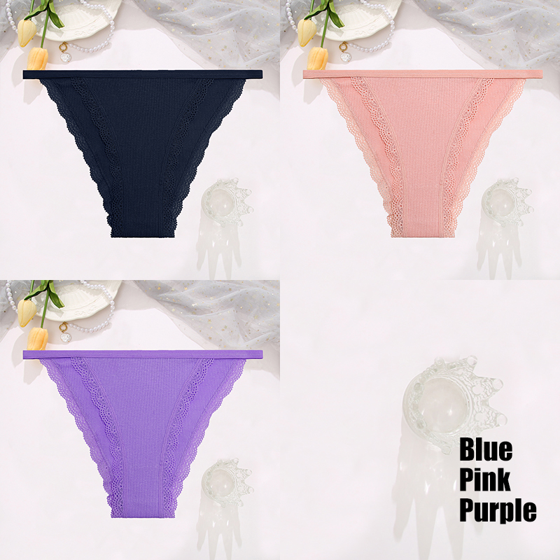 Finetoo 3 stks/set Sexy Kant Katoenen Slips Vrouwen Solid Comfortabele Slipje Vrouwelijke Zacht Ondergoed Ademend Intimates Lingerie: L / YELLOW