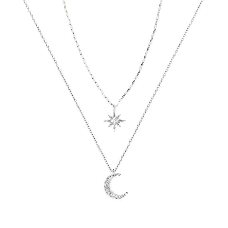Double star moon 925 sterling sølv cubic zirconia kraveben halskæde til kvinder piger enkle lækre trendy smykker  sn2392
