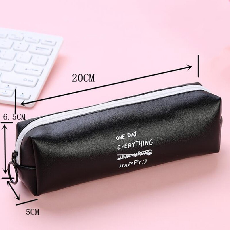 Cartuchera de cuero de PU con puntos blancos y negros, bonita cartuchera con letra rosa para niñas, bolsa para bolígrafos, bolsa de papelería, suministros para oficina y escuela