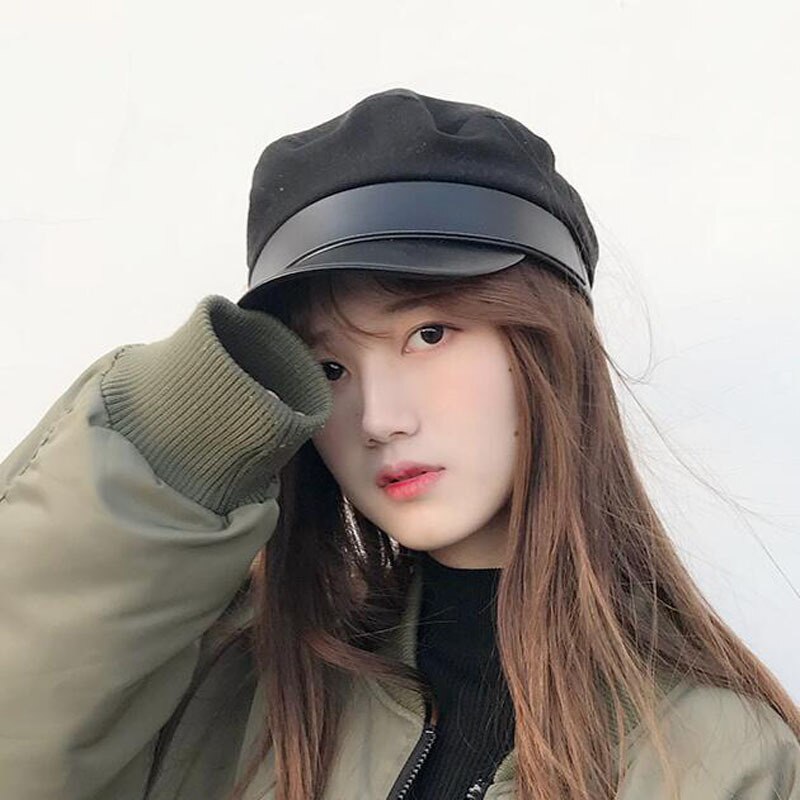 Women Hat Classic Accessories Baker Boy Hat Newsboy Cap Black PU Leather Winter Navy Cap Popular Baker Boy Hat