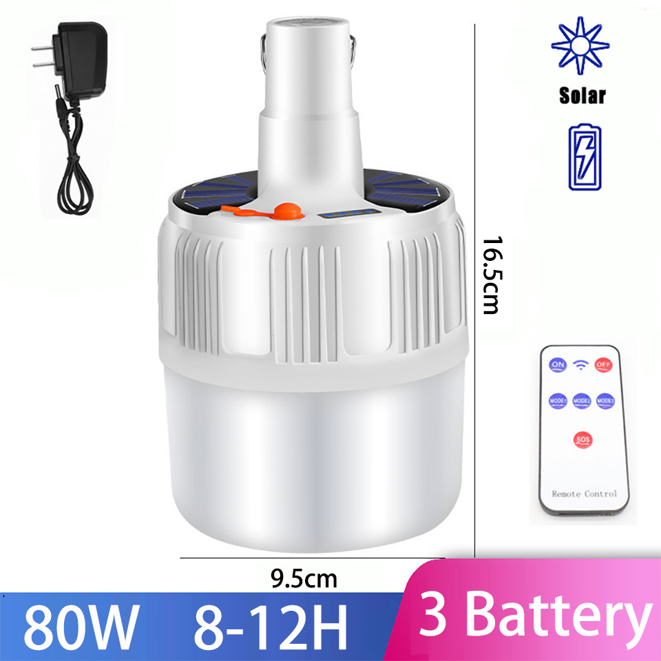 Portable Camping led Light Bulb Rechargeable Emergency Lights LED Battery Tent Solar Outdoor Lantern Lighting for Patio Garden: R Solar 80W 3Battery / EU