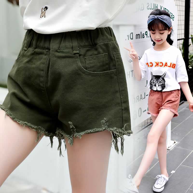Children Summer Shorts Big Girls Cotton Clothes Elastic Wash Denim Shorts For 4 to 14 Years Old Kids Casual Pants