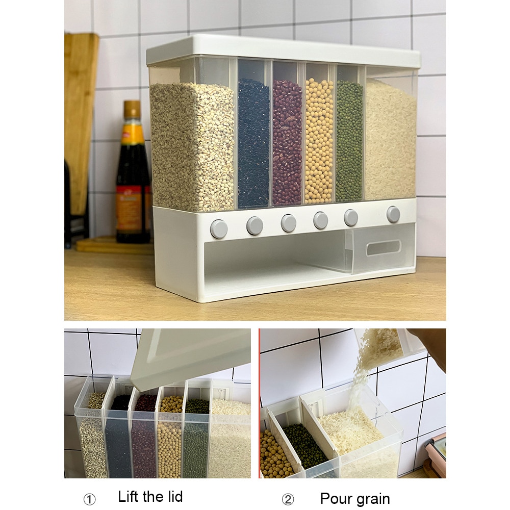 Moisture Proof Wall Mounted Cereal Dispenser 6 Grids Rice Container Dispenser Plastic Automatic Racks Sealed Food Storage Box