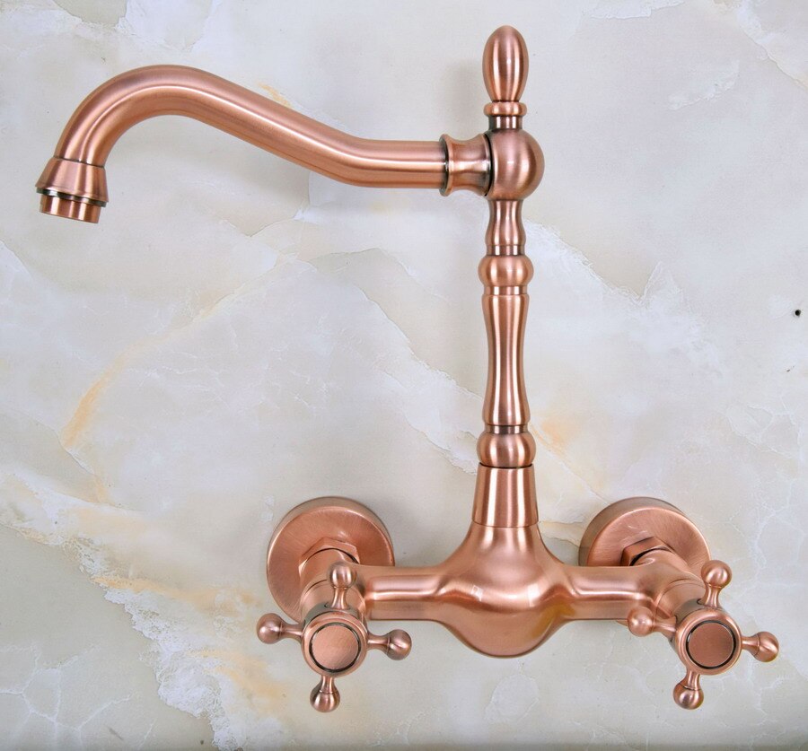 Rojo antiguo cobre latón baño cocina lavabo grifo mezclador grifo caño giratorio montado en la pared doble picaportes en cruz mnf944