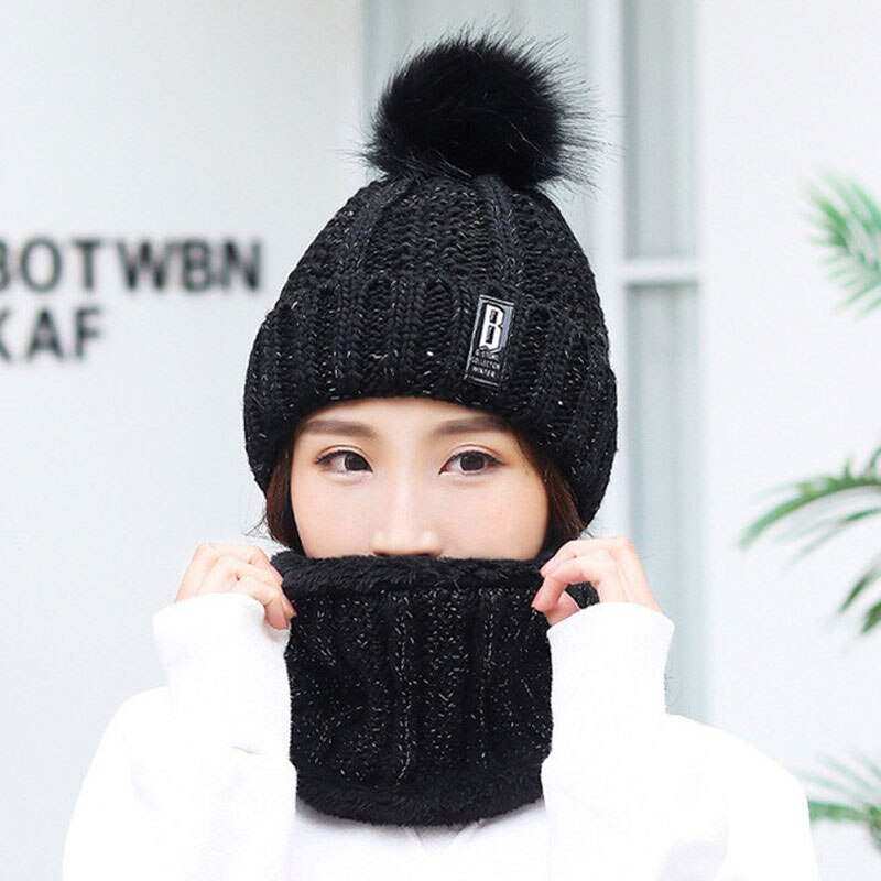 Frauen Dicke Kabel Stricken Hut Schal Weibliche Mützen Plüsch Hut Und Ring Schal Winter Warme Frau Dame Pom Pom kappe Schals Rosa