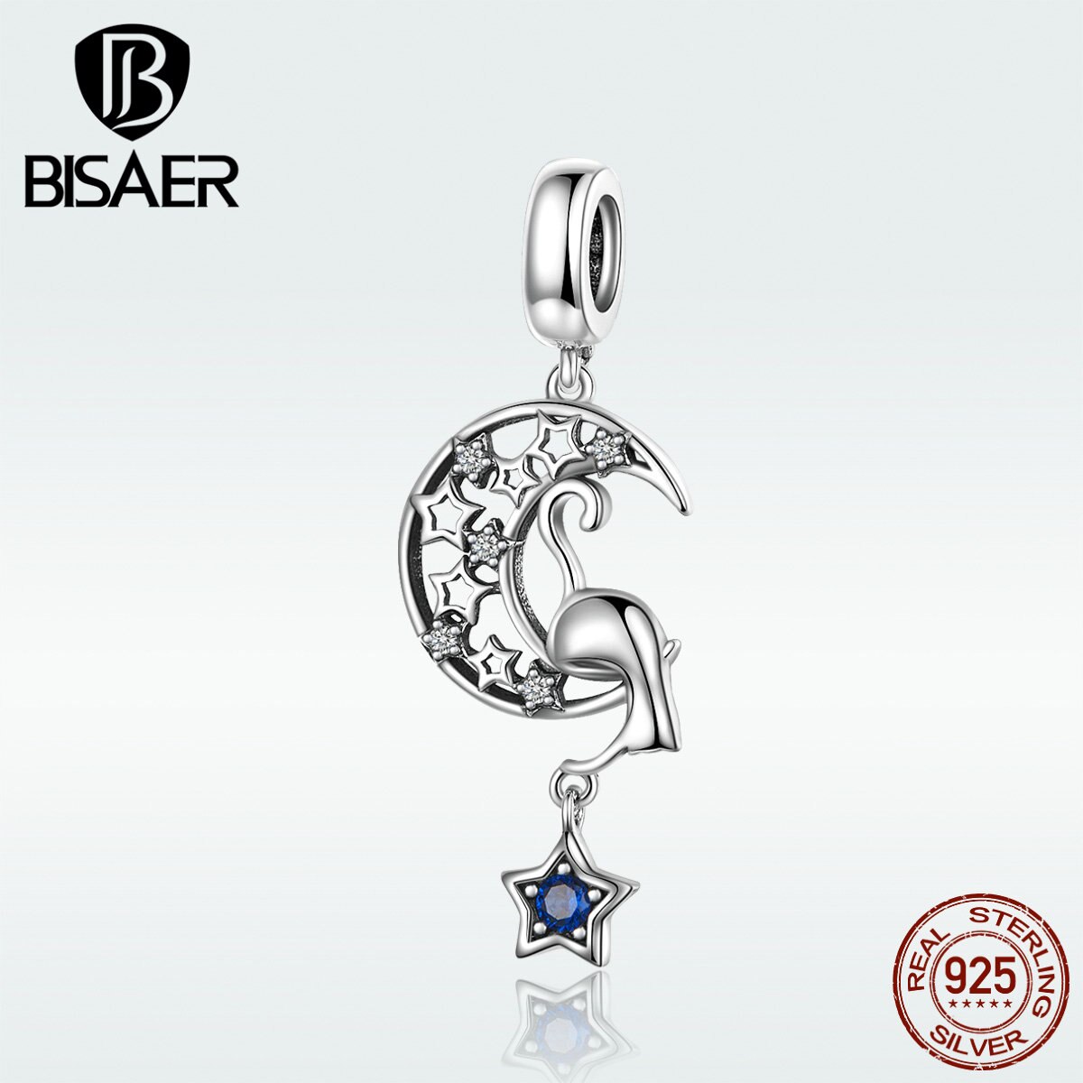 Abalorios BISAER con forma de gato y luna de cuento de Plata de Ley 925 con forma de luna con forma de gato y estrella para pulseras DIY ECC1205