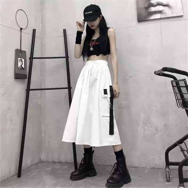 Falda larga de cintura alta para mujer, falda negra con bolsillos laterales y cadena, estilo coreano, ropa informal estilo Hip Hop Harajuku de talla grande