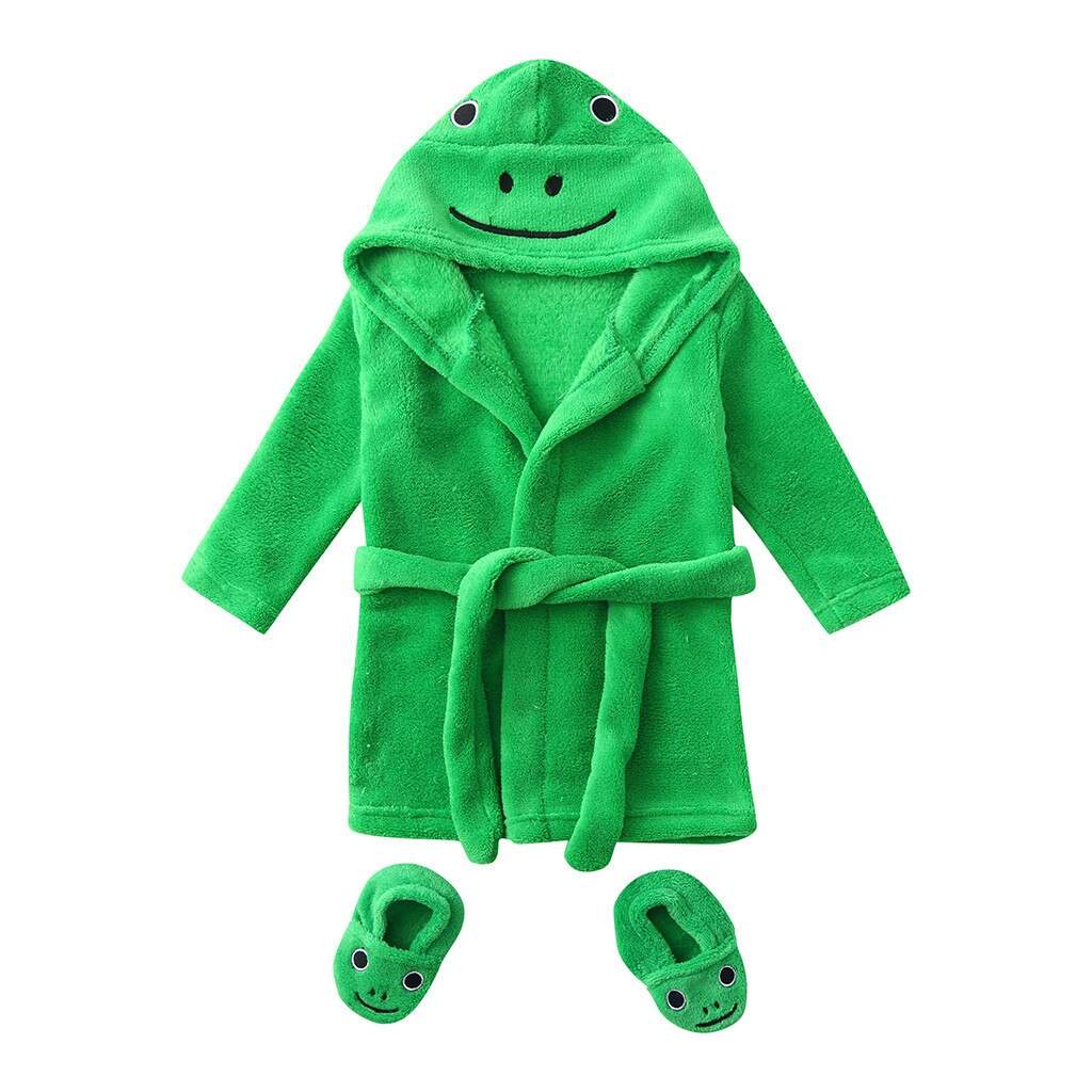 Newborn Baby Layette Boys Girls Baby Pajamas Cartoon Yellow Duck Style Flannel Bathrobes Hoodie Sleepwear Footwear Outfits 2pcs: Green  / 0-6 Months