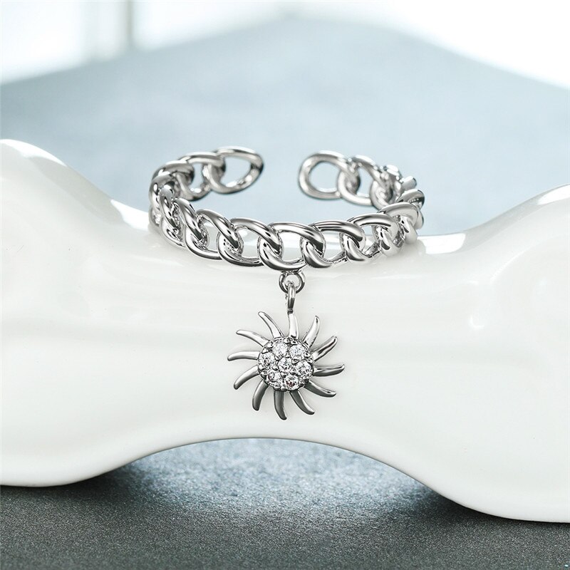 Trouwring Dames - Kristal Zonnebloem Hanger - Geometrisch - 4mm Band - Verlovingsring: Zilver
