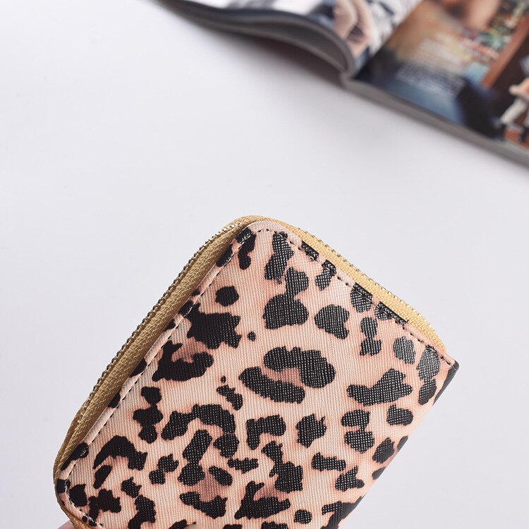 Carteira feminina leopardo curto impressão alça de pulso do plutônio zíper saco de grande capacidade multi-cartão slots saco do telefone móvel caso de cartão