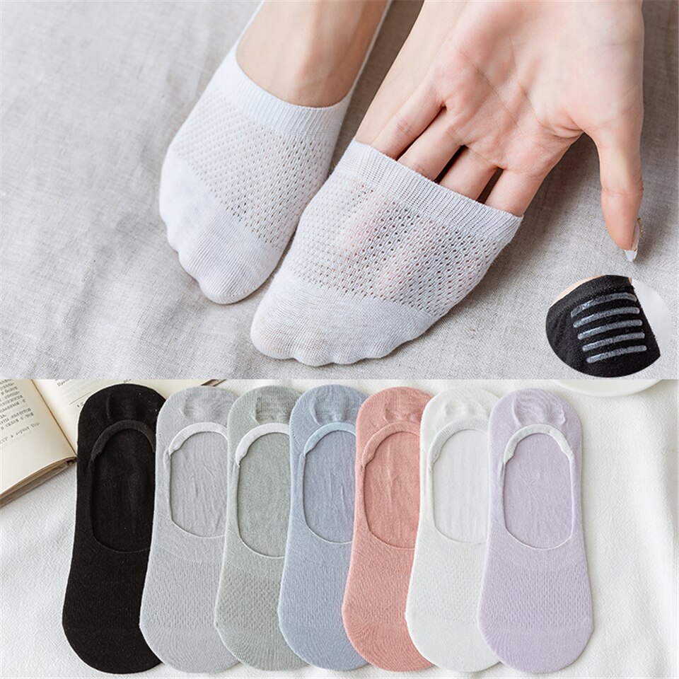 5Pcs Ademende Sokken Vrouwelijke Zomer Effen Kleur Antislip Onzichtbare Sokken Slipper Katoen Boot Sokken Vrouwen Siliconen