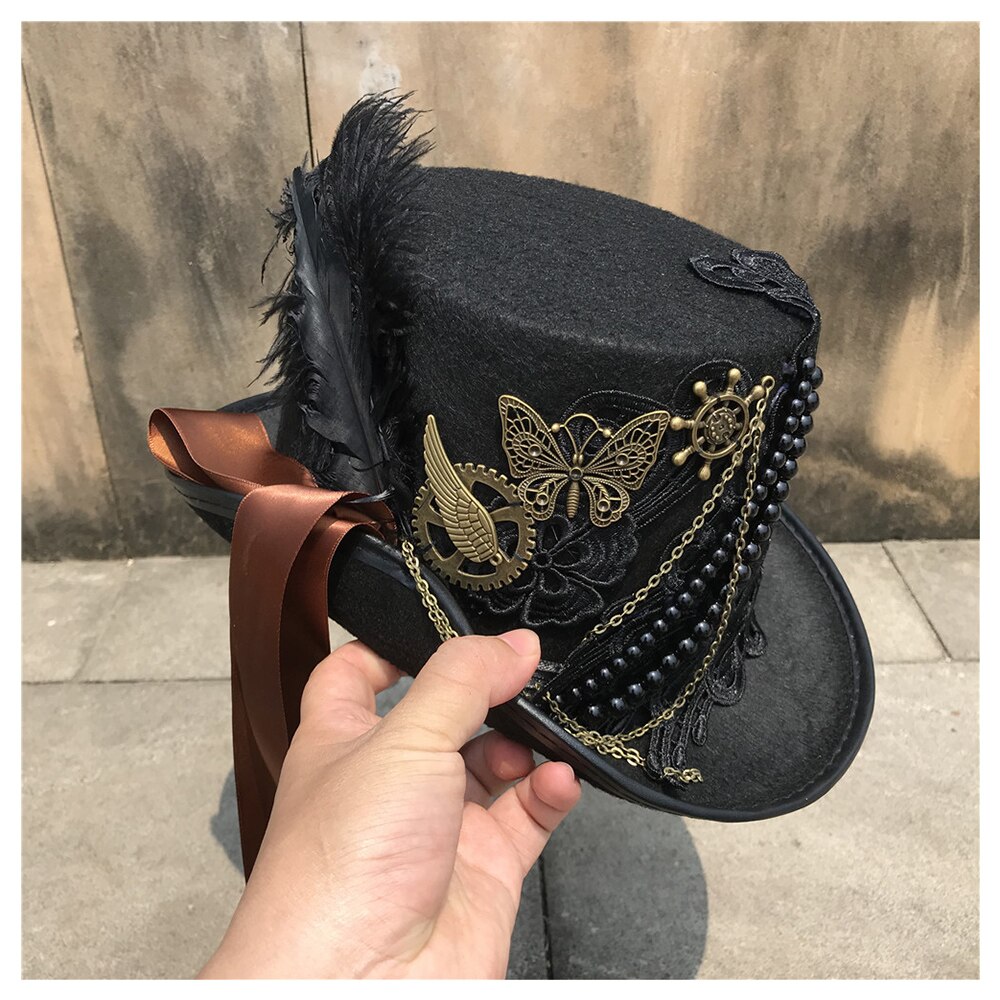 Men Women Handmade Steampunk Top Hat Magic Hat Bowler Hat Punk Cosplay Fedora Hat Size 57CM Steampunk Hat