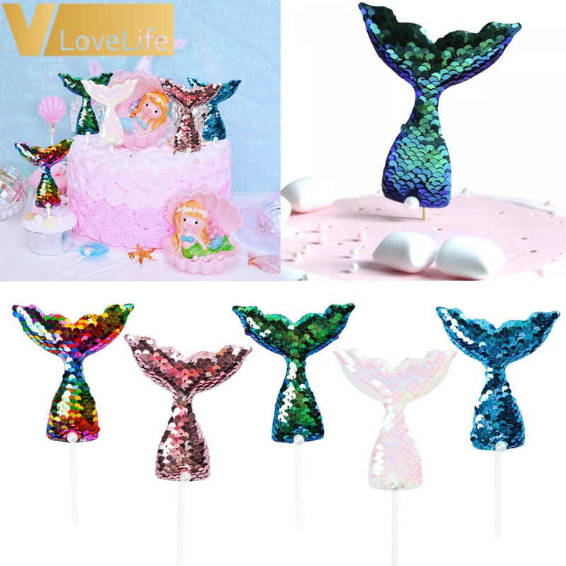 Glittering Mermaid Tail Cake Topper Under The Sea Ocean Theme Birthday Party Sequin Cupcake Decor Wedding Baby Shower Supplies