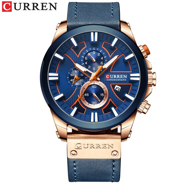 Curren horloge chronograaf sport herenhorloges quartz horloge leren heren polshorloge relogio masculino gif: Blauw