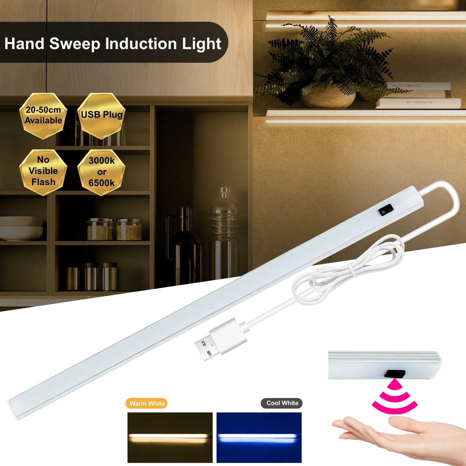 Barra de luz LED de inducción de barrido manual, Sensor de movimiento debajo de la lámpara del gabinete para cocina, baño, tubo detector al lado de la mesa, luz nocturna