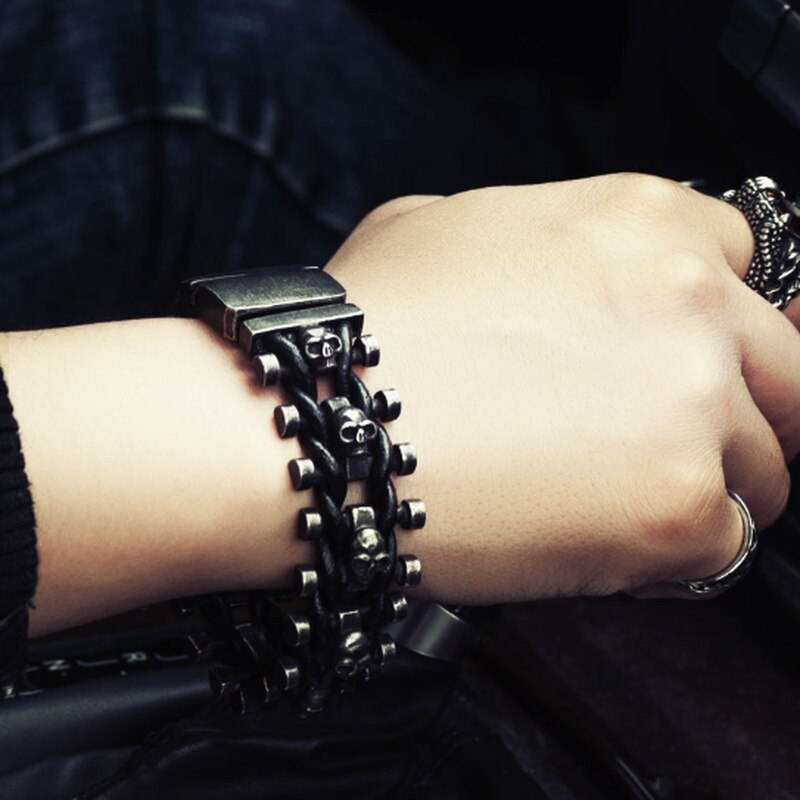 Vintage Wide Skull Leather Bracelets for Men Stainless Steel Cuff Belt Buckle Gothic Bracelet