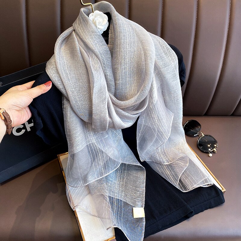 Autumn And Winter Silk Scarf Women's Temperament Gold Long Shawl Dual-Purpose Silk Scarf: Grey
