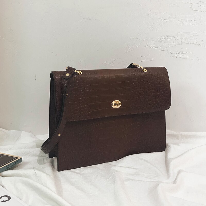 Bolso de mano de piel de cocodrilo para mujer, Bolso de hombro de negocios de mano grande con estampado de cocodrilo, bandolera de negocios: Chocolate