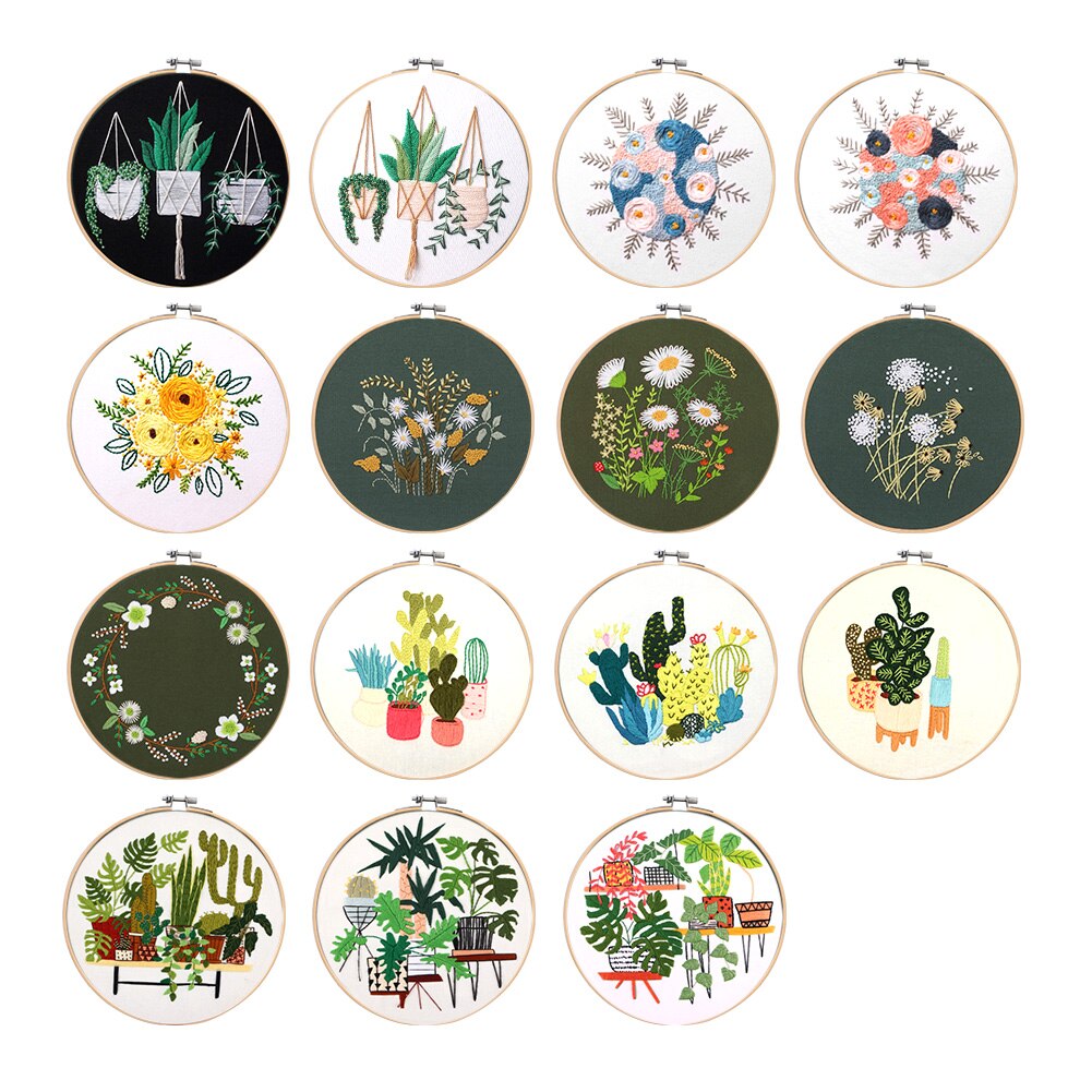 Embroidery Kit Beginner DIY Stampe Starter Plants Pattern Cloth Color Threads Tools Craft Round Cross Stitch Sewing Craft Kit