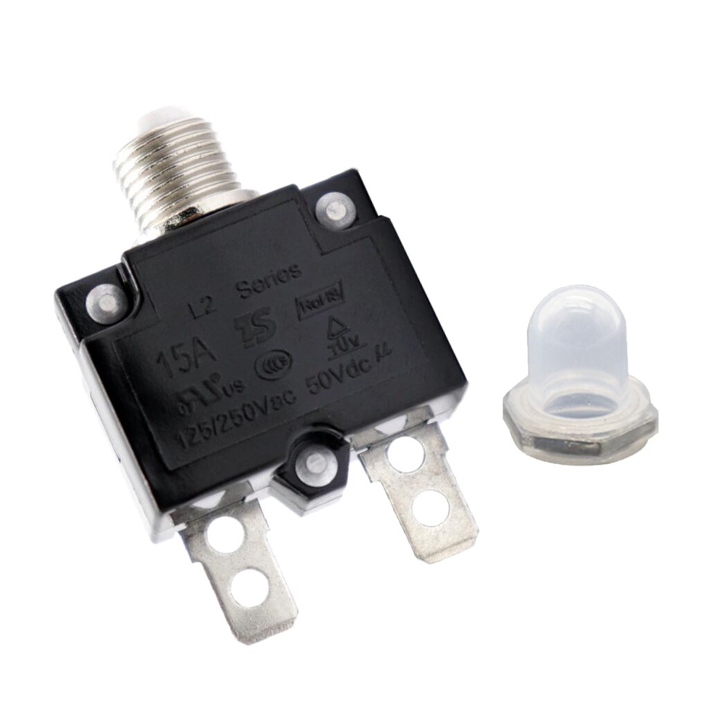 Disjoncteur à bouton poussoir 50V DC | 2 pièces 15/20A AC 125/250V, montage en trou rond 3/8 pouces (10mm), capuches de boutons transparents