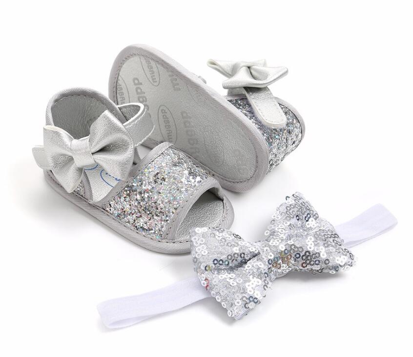 Verão praia princesa estilo meninas sapatos de bebê crianças bling couro do plutônio bonito arco sola macia sandálias casuais e bandana