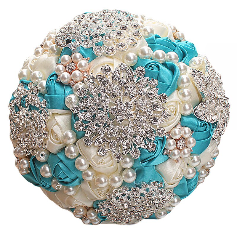 14 Colors 1Piece Ivory Flower Bouquet Stunning Pearls Beaded Crystal Bouquet De Mariage Wedding Flowers Bridal Bouquets: Peacock blue Ivory