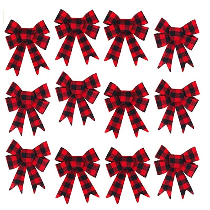 12pc kerst ruitjesstrikken rood en zwart buffel ruitjes strikken decoratieve strikken voor kerstboom decoratie