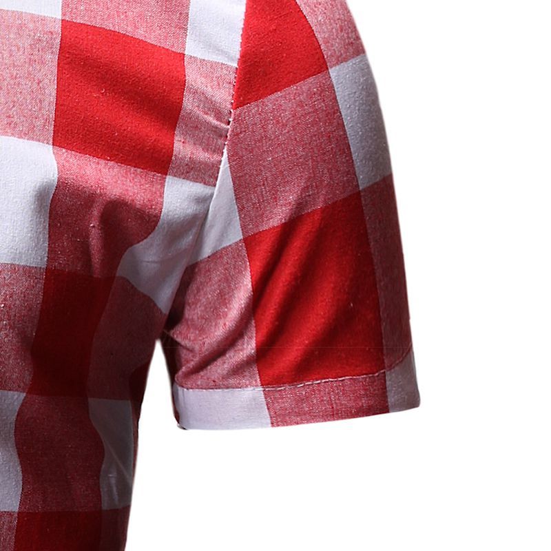 Mens Short Sleeve Checkered Button-Down Blouse White Plaid Red Shirt Mens Fashions Chemise Homme Dress Shirts Men Clothes YS55