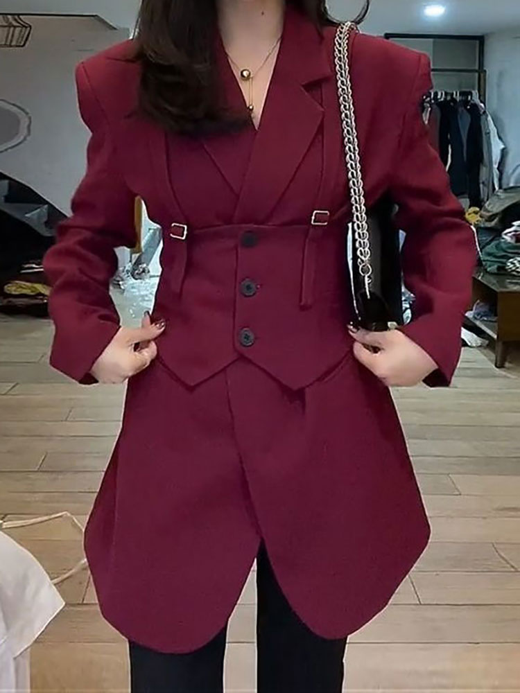 Chaqueta de vestir para mujer, conjunto de Blazer de 2 piezas, traje Retro europeo, cinturón de cintura informal, chaleco con cordones, Otoño,