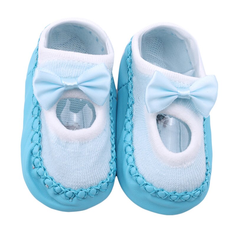0-3 jaar oude kindervloersokken lente zomer antislip leren onderkant babyschoentjes strik meisjessokken: Blauw