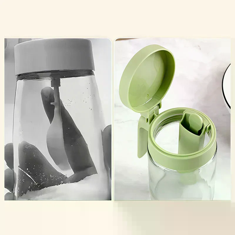 Household Kitchen Moisture-Proof Seasoning Jar Salt Container 2 In 1 Glass Spice Bottle Spoon Separation Glass Seasoning Can