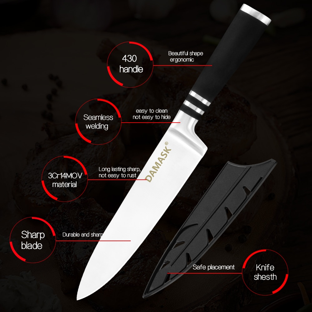 Damask mærke 3 cr 14 rustfrit stål køkkenknive sæt 430 greb knive med gratis knive dæksler
