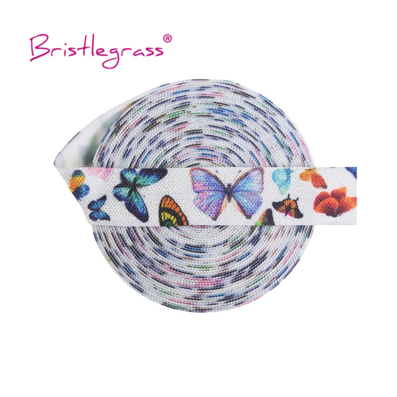 Bristlegrass 5 Yard 5/8 &quot;15Mm Vlinder Print Vouw Over Elastiek Foe Spandex Satijn Band Hoofdband Tutu Jurk Kant trim Diy Naaien