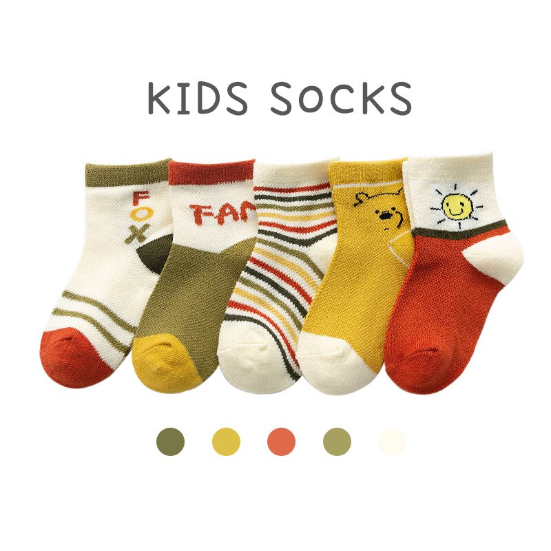 5Pairs kinder Socken Baumwolle kinder Socken Dünne Abschnitt Bär Kopf Sonne Cartoon Baumwolle Boot Socken Gestreiften Baby socken 1-12year: 1 / 7-12 Year