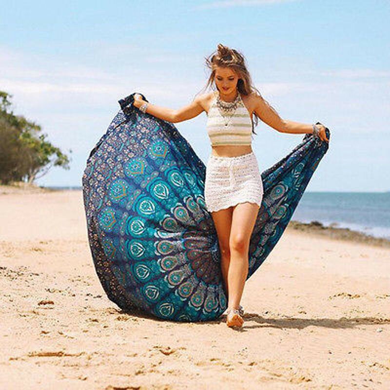Nueva Toalla de playa redonda plegable, colgante de pared de secado rápido, manta Mandala pícnic al aire libre, alfombra de pavo real, Alfombra de acampar, toallas de natación