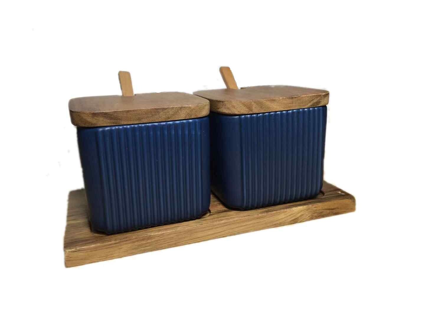 Ceramic Jars with Bamboo Lid Kitchen Cereal Dispenser Multi-function Heat Resistant Spices Containers Bottles with Tray: Blue-2pcs