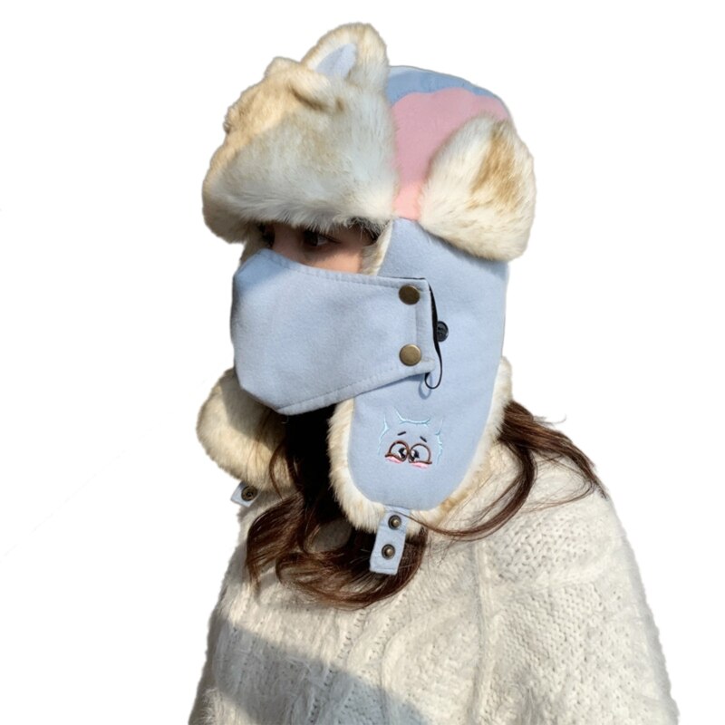 Damska czapka zimowa z pluszową wyściółką ciepła czapka traperska z maską kocie uszy nauszniki Y1QD