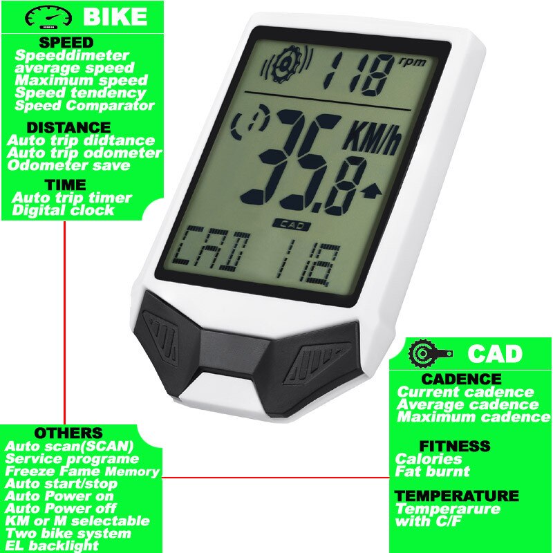 Wireless Bicycle Odometer Multifunctional Heart Rate Bicycle Computer Cadence Cycle Computer Nightlight Waterproof
