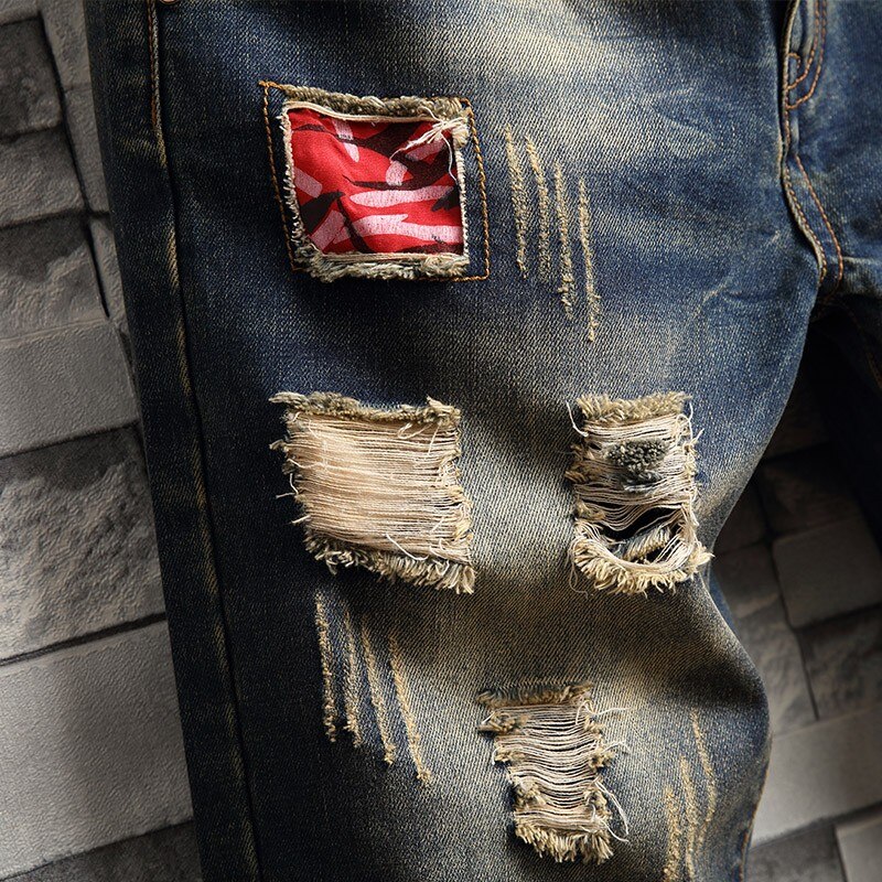 Sommar herr hål slitna jeansshorts japan stil vintage knälånga jeans personlighet patchwork korta jeansbyxor