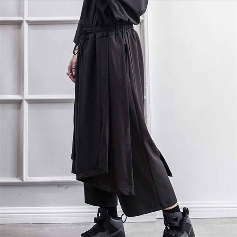 Pantalon ample pour homme, culotte faux deux jambes larges irrégulières, tenue de scène de style Yamamoto foncé