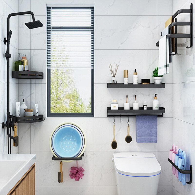Veggmontert 30-50cm sort håndkleholder holder dobbelt tre bar med kjøkkenutstyr kappekrok henger baderomsutstyr uten stansing