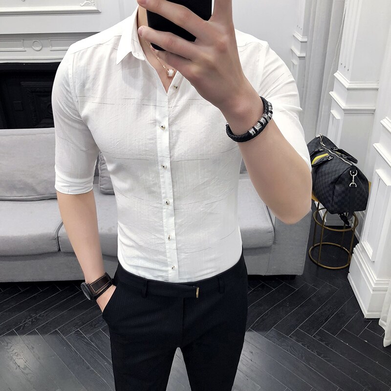 Sommer halvermet herre sosiale skjorter merke slim fit formell skjorte herre slim fit casual streetwear bluse homme