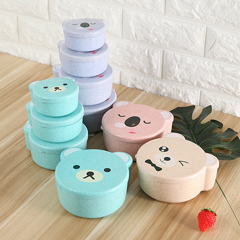 4pcs/Set Mini Cartoon Cute Kid Child Bento Box Plastic Wheat Straw Microwave Lunch Box School Picnic Travel SuShi Food Container