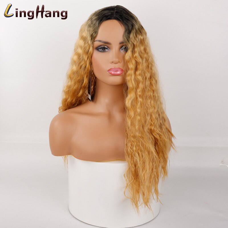 Peluca larga ondulada negra de LingHang, pelucas onduladas sintéticas para mujeres negras, pelucas de parte media Natural, pelo resistente al calor: MS3300