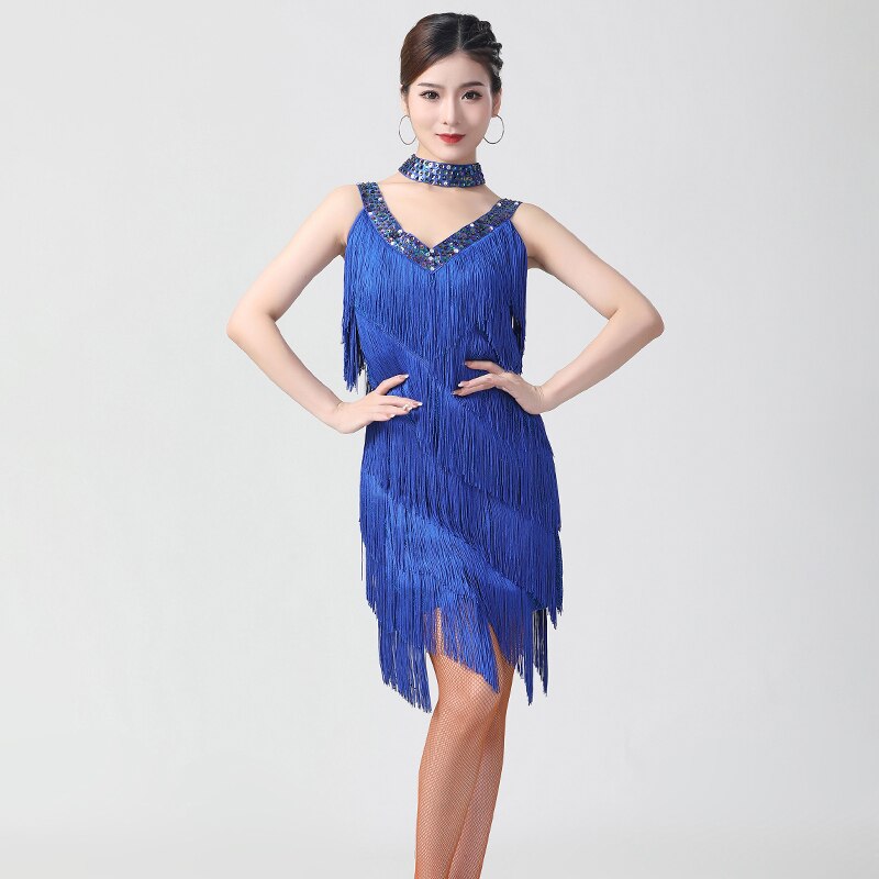 Ladies Party Ballroom Latin Tango Salsa Dance Dress Fringes Tassels Dress Women Festival Costumes 9 Color: Dark Blue