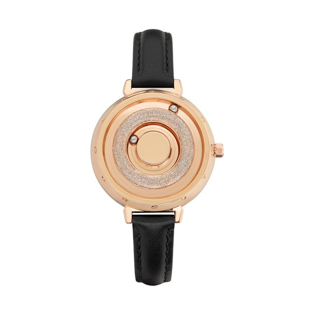 Magnetische Gouden Horloge Eutour Luxe Dames Horloge Quartz Vrouw Horloge Rvs Polshorloge Mode Vrouwelijke Klok: Gold Black Leather