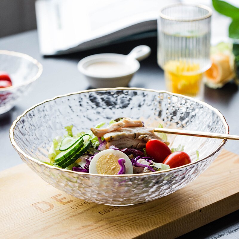 Mdzf sweethome nordisk gyllene kant salladsskål transparent glas frukt tallrik efterrätt rund fyrkantig skål porslin