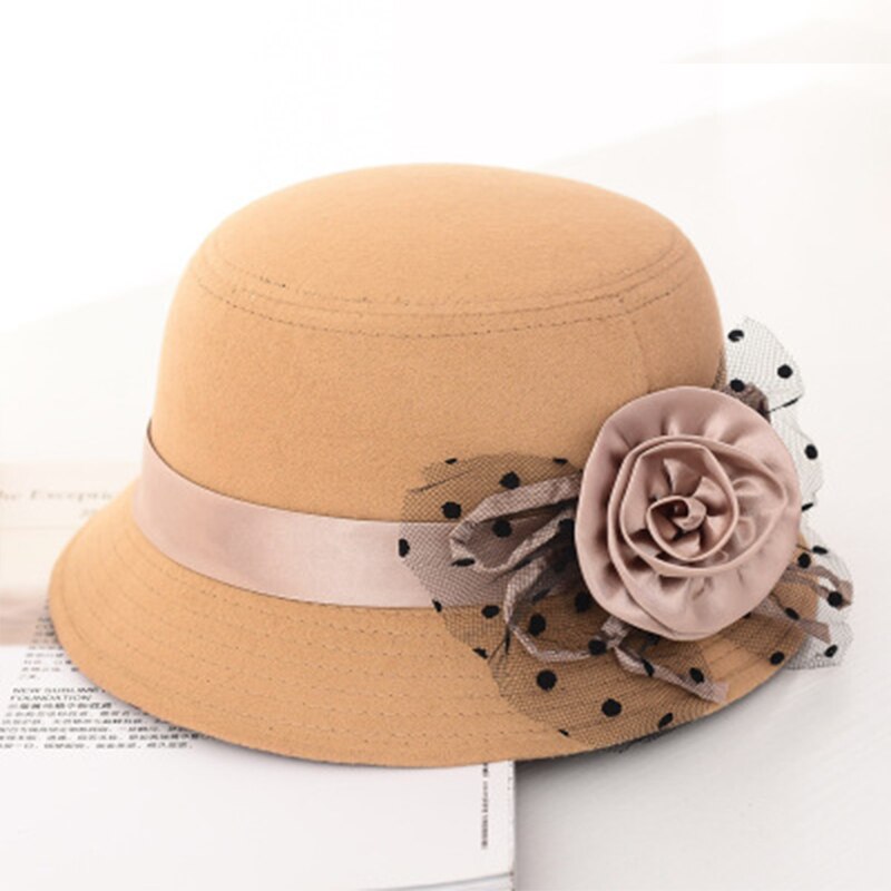 Ladies Formal Fedora Bowler Hats Vintage Women Hat Imitation Woolen Flower Autumn Winter Keep Warm Bucket Cap
