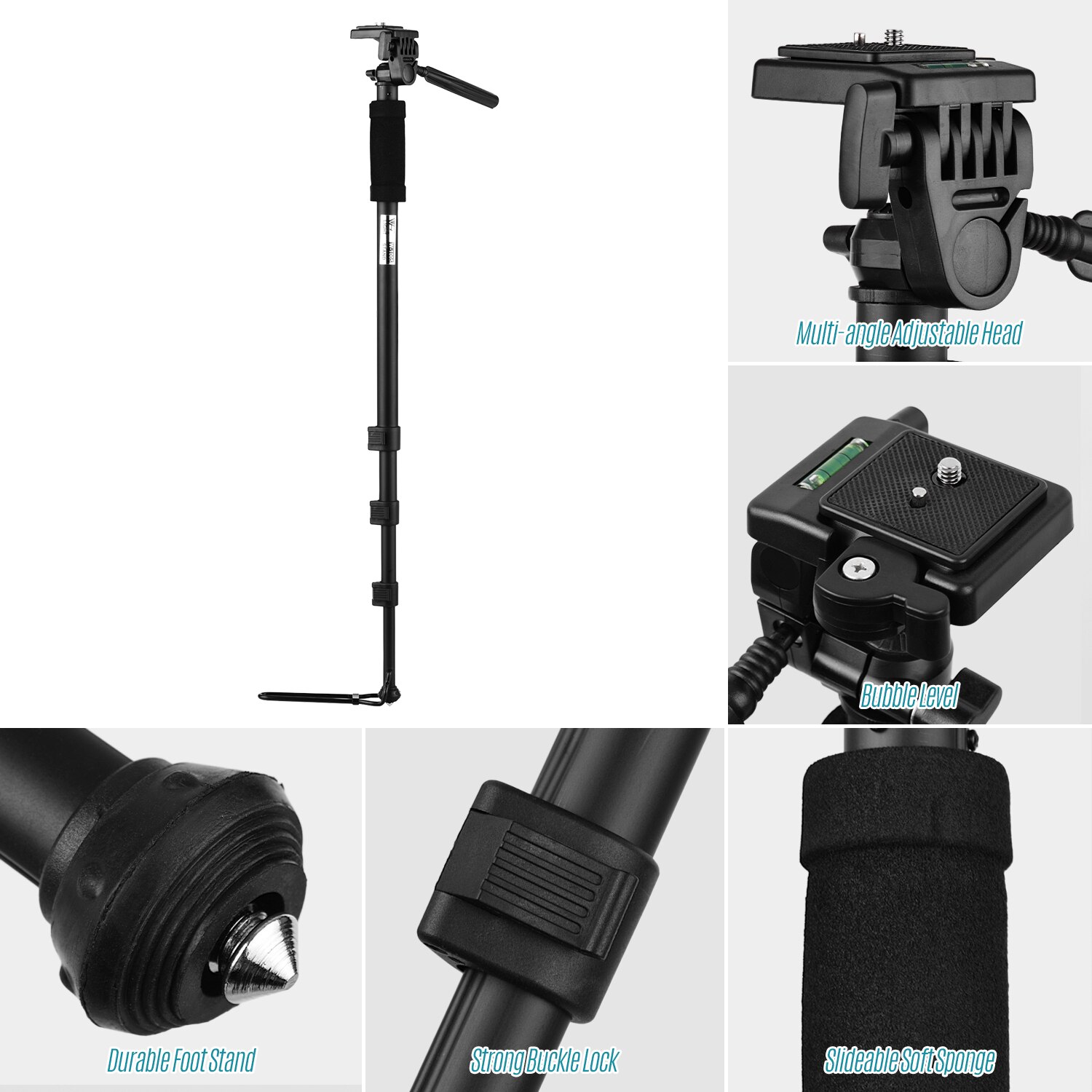 Portable Extendable Camera Monopod Stick Unipod Stand 4-Section 182cm/71in 360° Horizontal 90° Foldable Longitudinal Rotatable